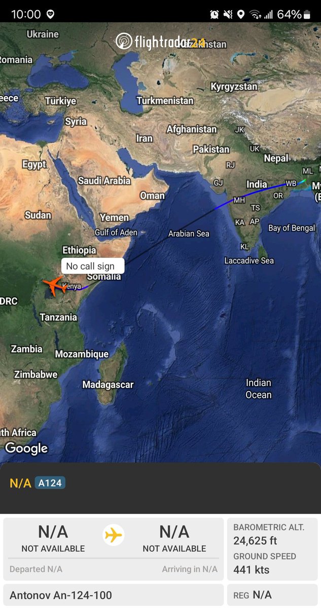 Borrowed7Time's tweet photo. Antonov Airlines An-124-100 UR-82007 #50801B as ADB3740 departed Dhaka, Bangladesh &amp; now descending to Entebbe. 
@Dinlas3 @WAAT_Band https://t.co/OziEESs8y4