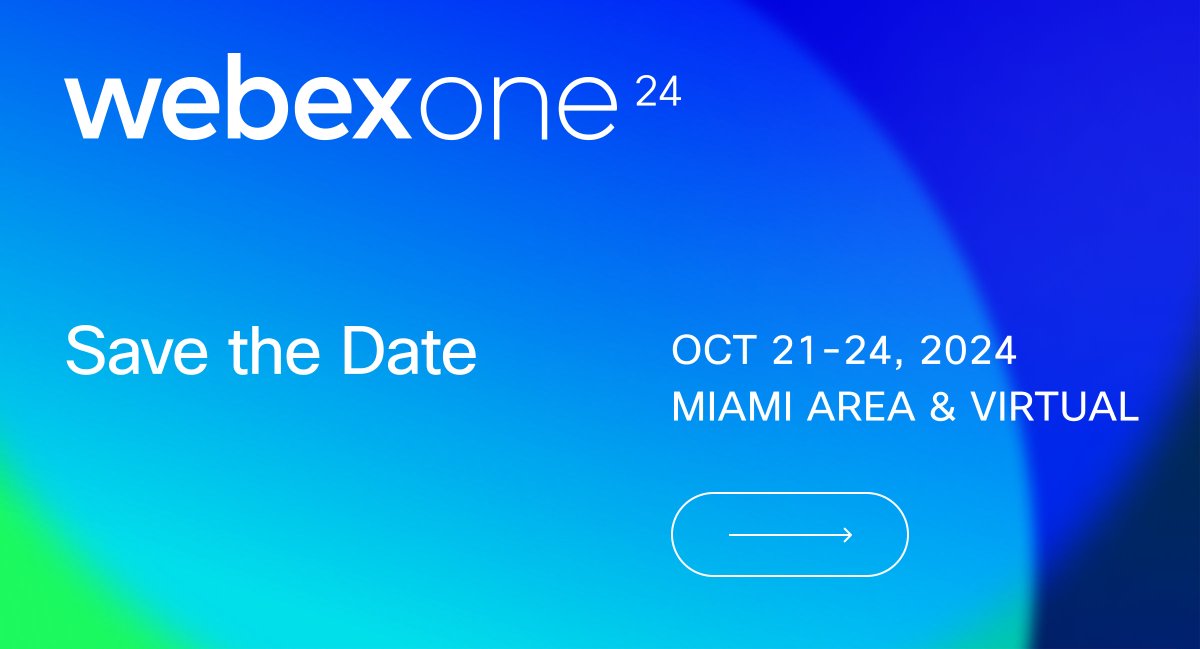 tschweiz's tweet image. Save the date for #WebexOne!

This October we’ll find inspiration, get hands-on training, and make new connections with our peers. Mark your calendar now for October 21-24. cs.co/9003k8QUb

@Webex