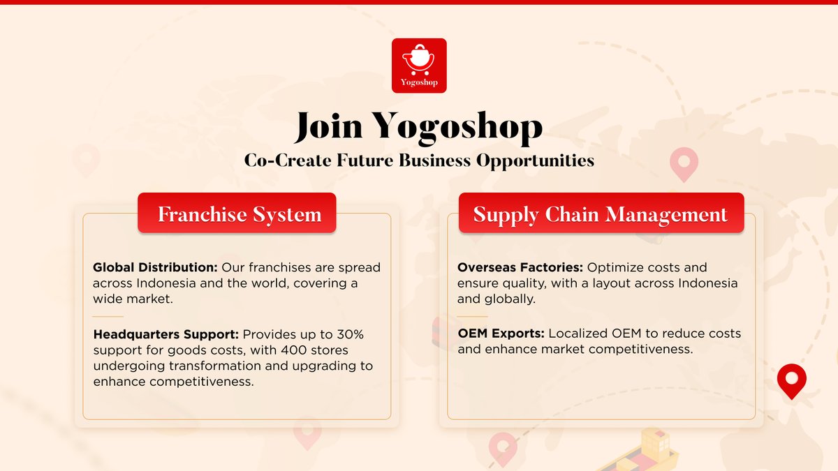 Join #Yogoshop - Future Opportunities Await Your Exploration! 🚀

👉 Franchise Benefits: Global layout, up to 30% cost support for upgrading 400 stores, enhancing competitiveness!

🌍 #Supply Chain Optimization: Global cost and quality optimization, boosting competitiveness.
