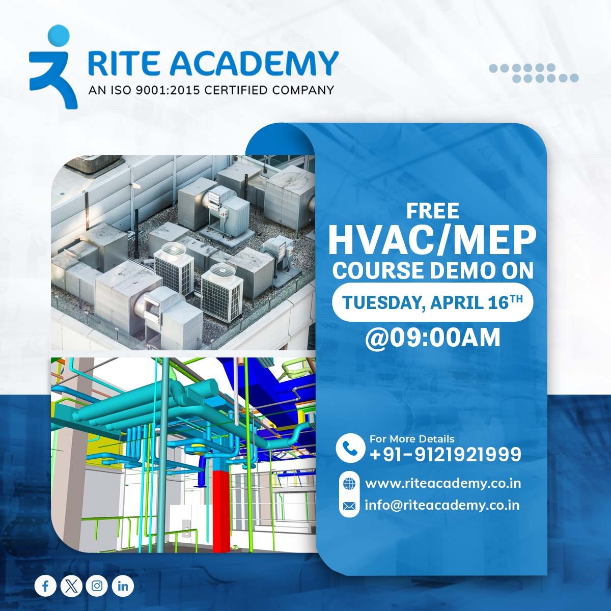 Looking to start a career in HVAC/MEP? 💼💡

Join our FREE demo course on April 16th at 9:00 AM. 🎓 

Visit our website to secure your reservation or give us a call for the HVAC and MEP Training Program.

#riteacademy #meptraining #hvactraining #mep #mepdesign #hvac