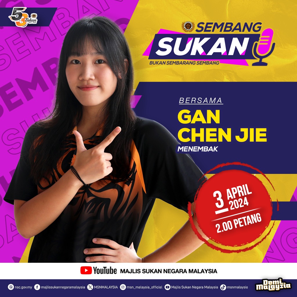 Jangan lupa saksikan Gan Chen Jie, Atlet Menembak Negara dalam Sembang Sukan pada jam 2.00 petang hanya di Saluran YouTube Majlis Sukan Negara! #DemiMalaysia #KontinjenMALAYSIA #MalaysiaRoar