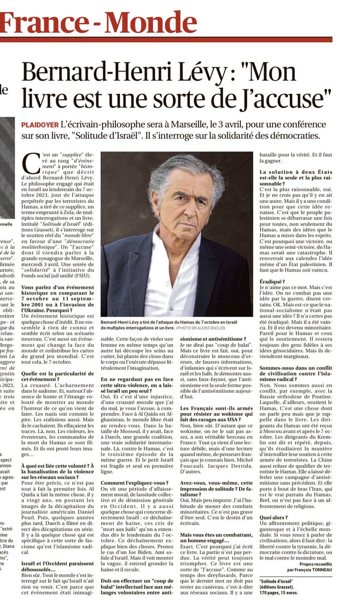 BHL's tweet photo. Après-demain soir, mercredi, rdv à la Grande Synagogue de #Marseille, la ville de mon enfance, pour un grand moment d’espérance. Les non-Juifs, comme les #Juifs, sont évidemment attendus. L’objectif n’est-il pas de briser, tous ensemble, l’inacceptable solitude d’#Israel? https://t.co/HarmWgm8sK