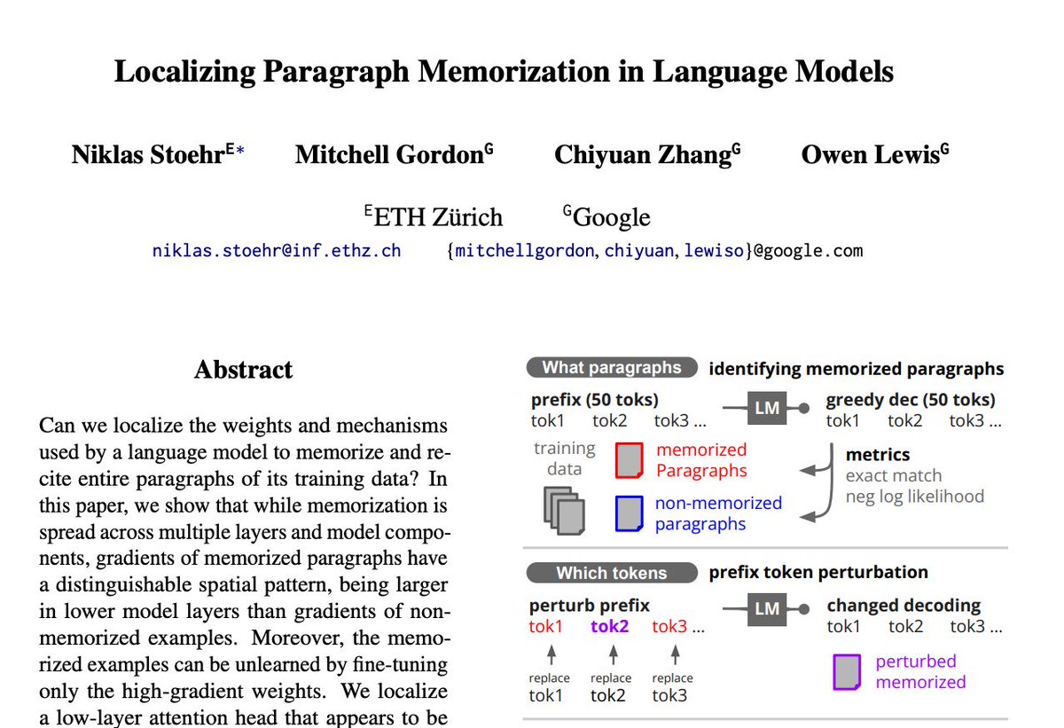 Localizing Paragraph Memorization in Language Models Can we localize the weights and mechanisms used by a language model to memorize and recite entire paragraphs of its training data? In this paper, we show that while memorization is spread across multiple layers and model
