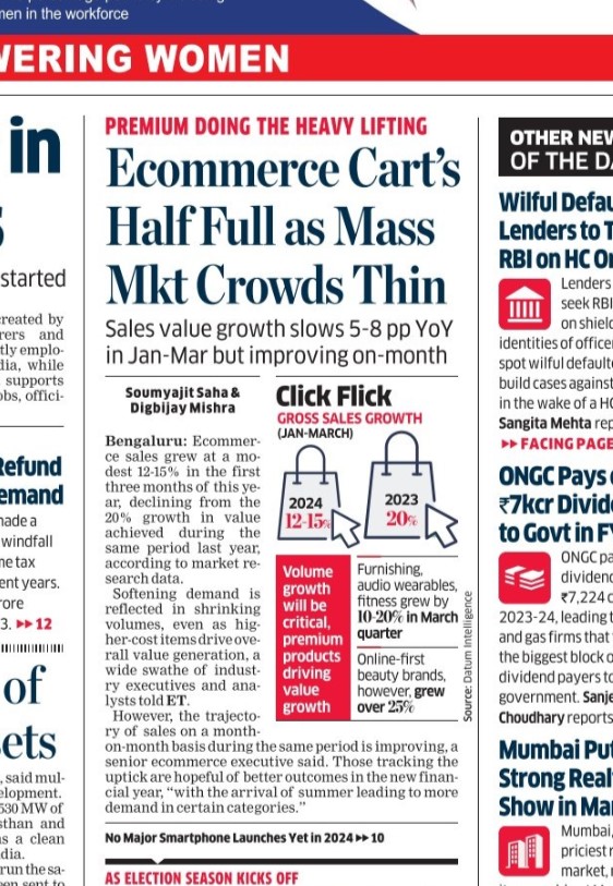 Soumyajit (@_soumyajit37) on Twitter photo Indian ecommerce had a sluggish first quarter in 2024 coming off from the festive season as shipment levels remained muted, though purchase of more premium items helped buoy overall sales figures. <a href="/digbijaymishra1/">Digbijay Mishra</a> and I report for the paper's front page and <a href="/ETtech/">ETtech</a> Indian ecommerce had a sluggish first quarter in 2024 coming off from the festive season as shipment levels remained muted, though purchase of more premium items helped buoy overall sales figures. <a href="/digbijaymishra1/">Digbijay Mishra</a> and I report for the paper's front page and <a href="/ETtech/">ETtech</a>