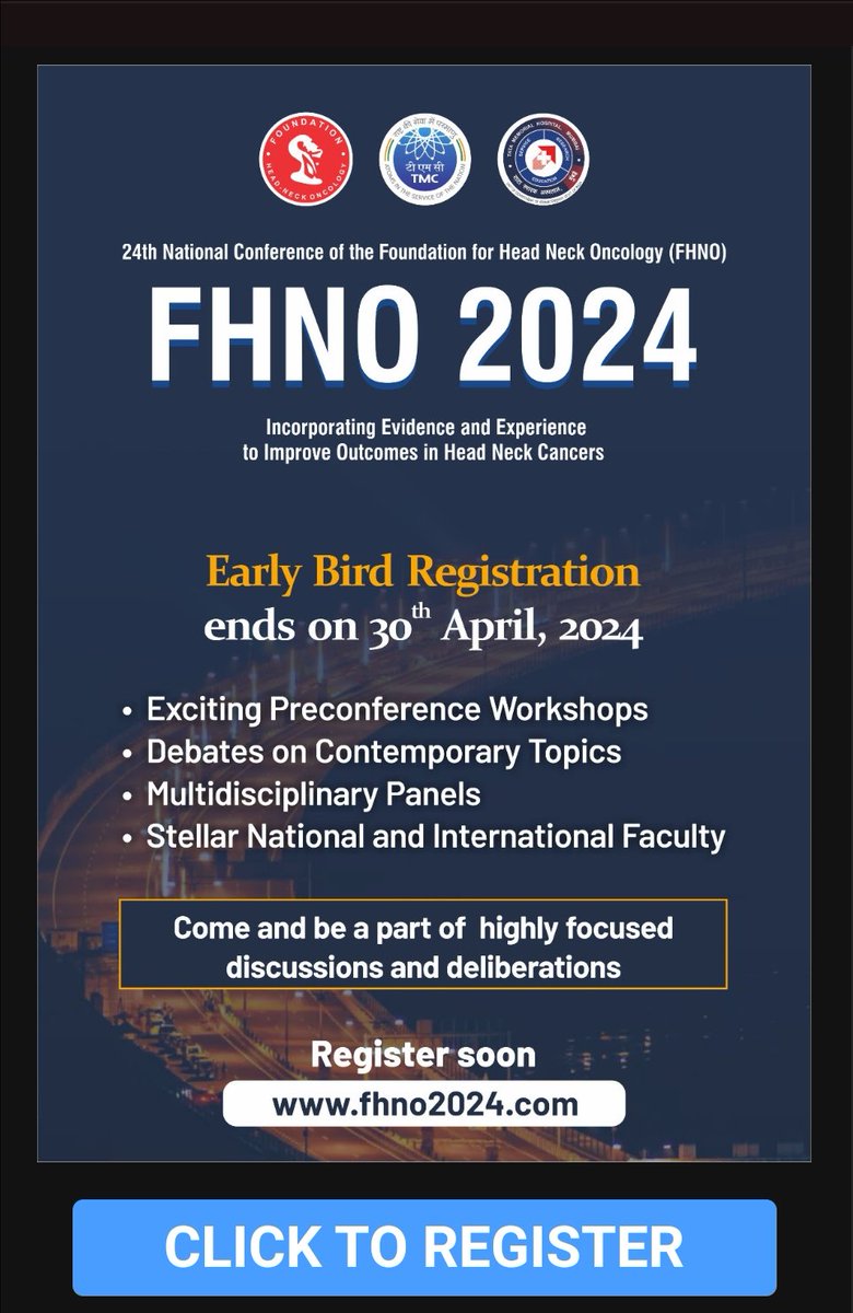 Announcing the Annual Indian Head and Neck Oncology National meeting - FHNO 2024. We promise an exciting scientific meeting with high quality deliberations on all aspects of HN cancers. Come and join us. Early bird registrations end on 30th April #hncsm #FHNO2024