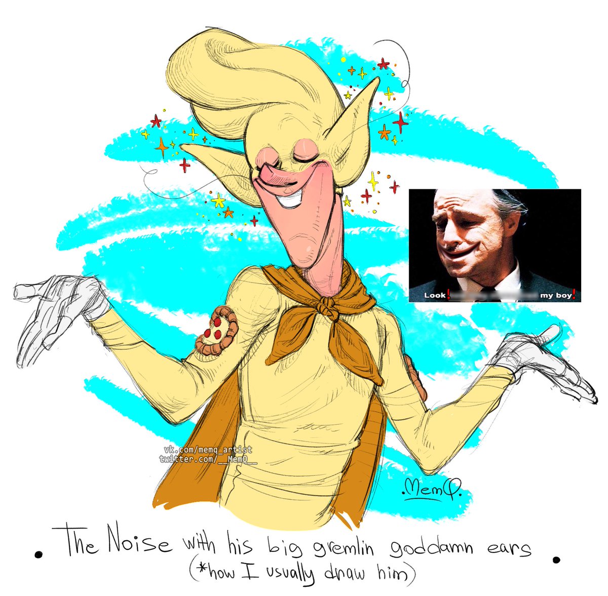 April fools🤪
Drew human ears for this thing, because I received frequent comments about the unacceptability of doritos-shaped auditory openings. But I will never stop doing his ears like this, never

#PizzaTower #TheNoise