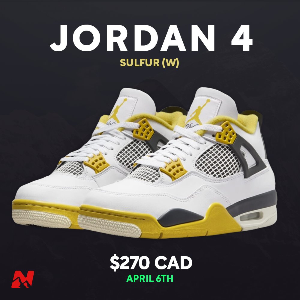 Jordan 4 Sulfur (W) drops April 6th for $270 CAD. 🤔Who's copping this one for their shorties?
