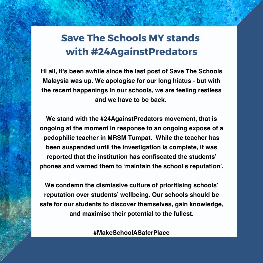 I’d honestly never thought that Save The Schools Malaysia would make a comeback, but here we are. I’ve been running the platform since April 2021 - enough with the ‘jaga nama maktab’ bullcrap. instagram.com/p/C5NPSF_pwVZ/… #24AgainstPredators #MakeSchoolASaferPlace