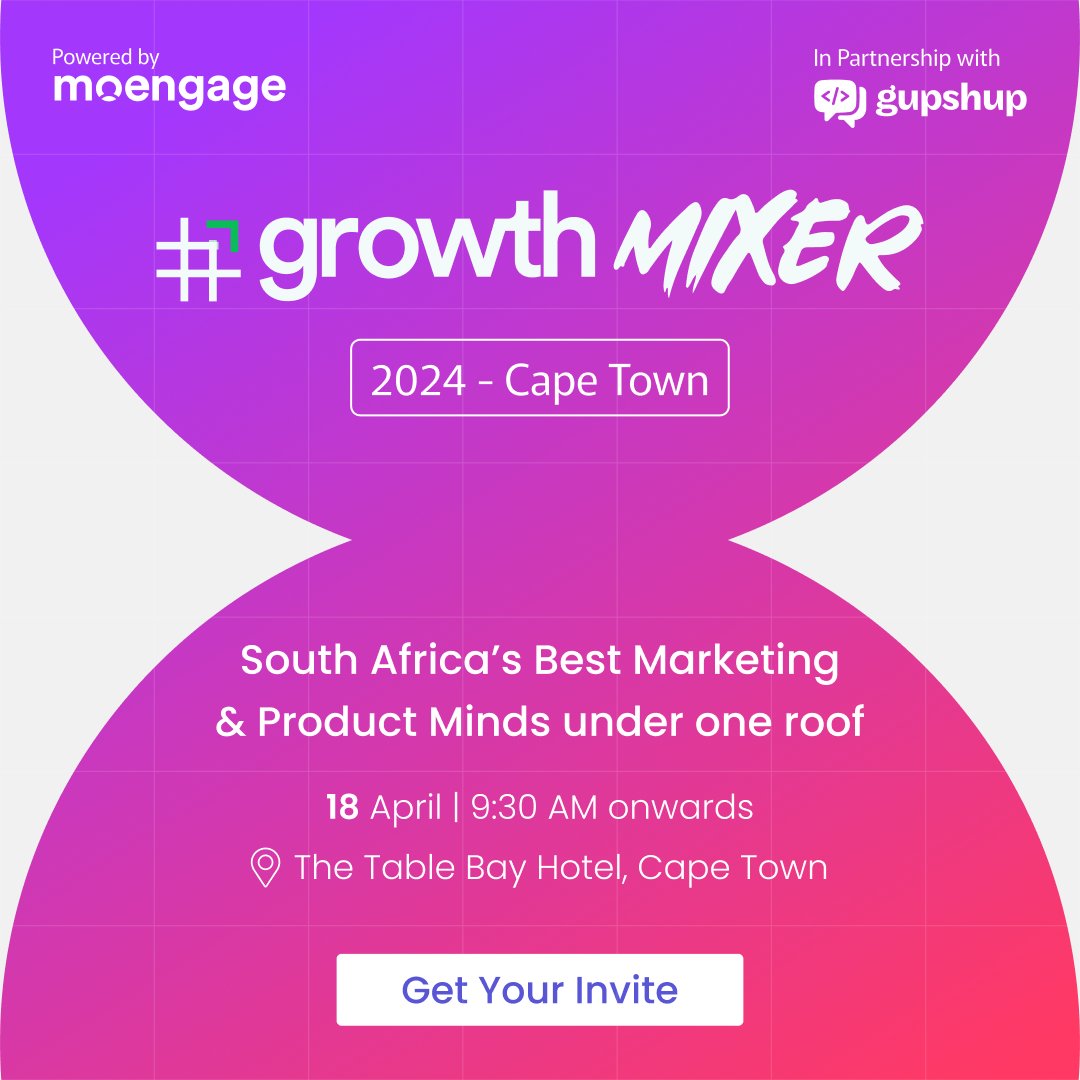 We're thrilled to announce our sponsorship for the #GROWTH Mixer 2024 by MoEngage, set to take place in Cape Town. 🇿🇦

This is an invite-only event, so secure your spot now:hashgrowth.org/events/growth-…

#CapeTown #SouthAfrica #Events #GrowthMixer #LetsGupshup