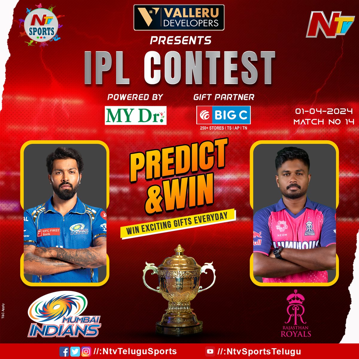 Match No-14 : #MIvRR Steps to participate in this contest: Predict the Winning #IPL Team in the comment section before the match starts. Retweet the post & mention #NTVSports & @BigCMobilesIND Winner will be picked & given surprise gifts #IPL2024 #MI #RR #NTVTelugu