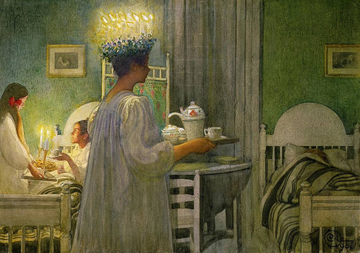 In Sweden, young woman with surreal wreath of flaming candles in her hair, commemorates St Lucy, patron saint of blindness, who carried food to the persecuted, wearing just such a wreath to light her way. Nowadays, they’d use battery-powered lights! (Carl Larsson, 1908)