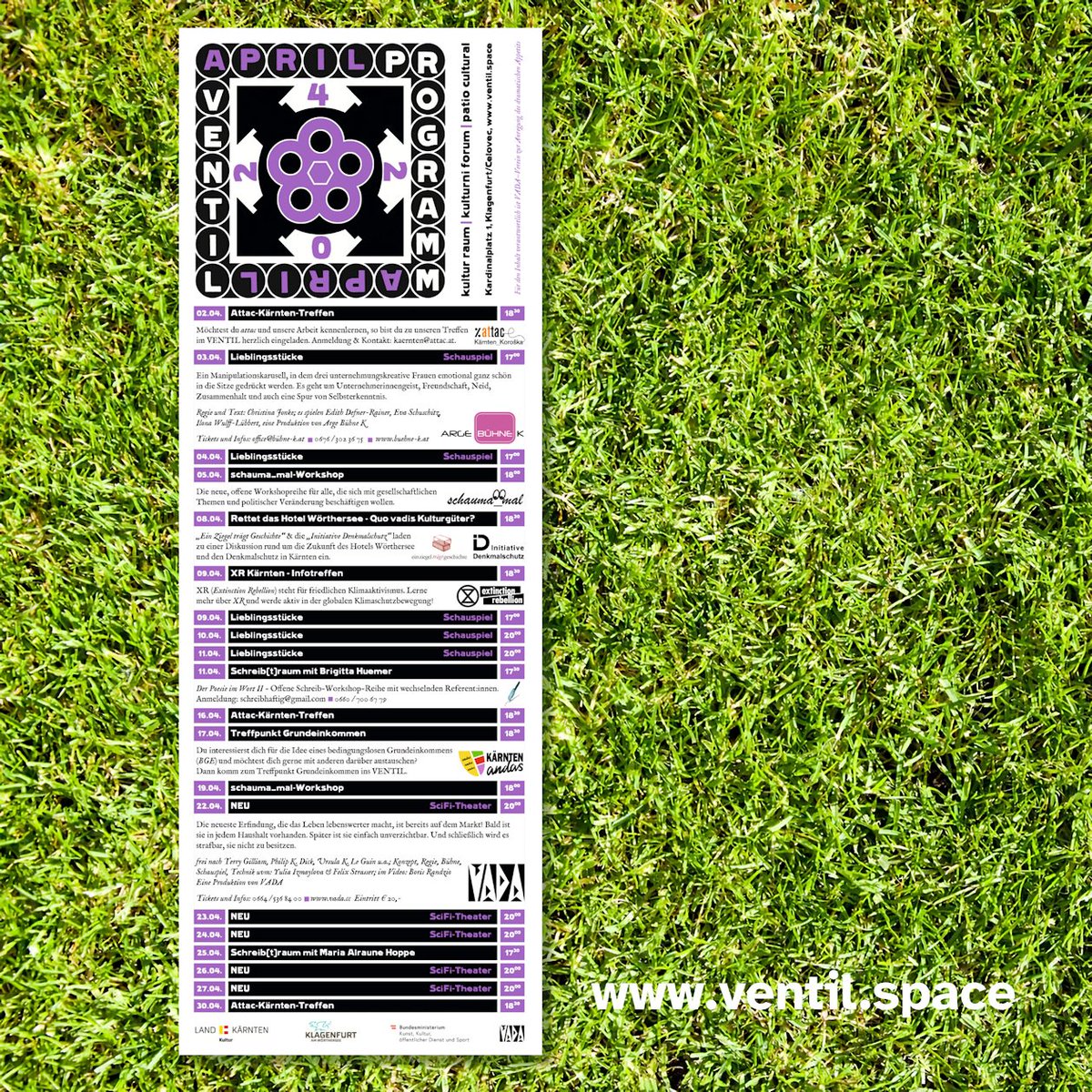 Weder April-Scherz noch Osterei: die neuen VENTIL-Plakate &amp; Flyer.

Alle Termine sind auch Online auf ventil.space/termine/ zu finden.

#ventil #klagenfurt #celovec #kärnten #koroŝka #vada #teatrozumbayllu #kärntenandas #kultur #kulturzentrum #kunst #theater #zivilgesellschaft