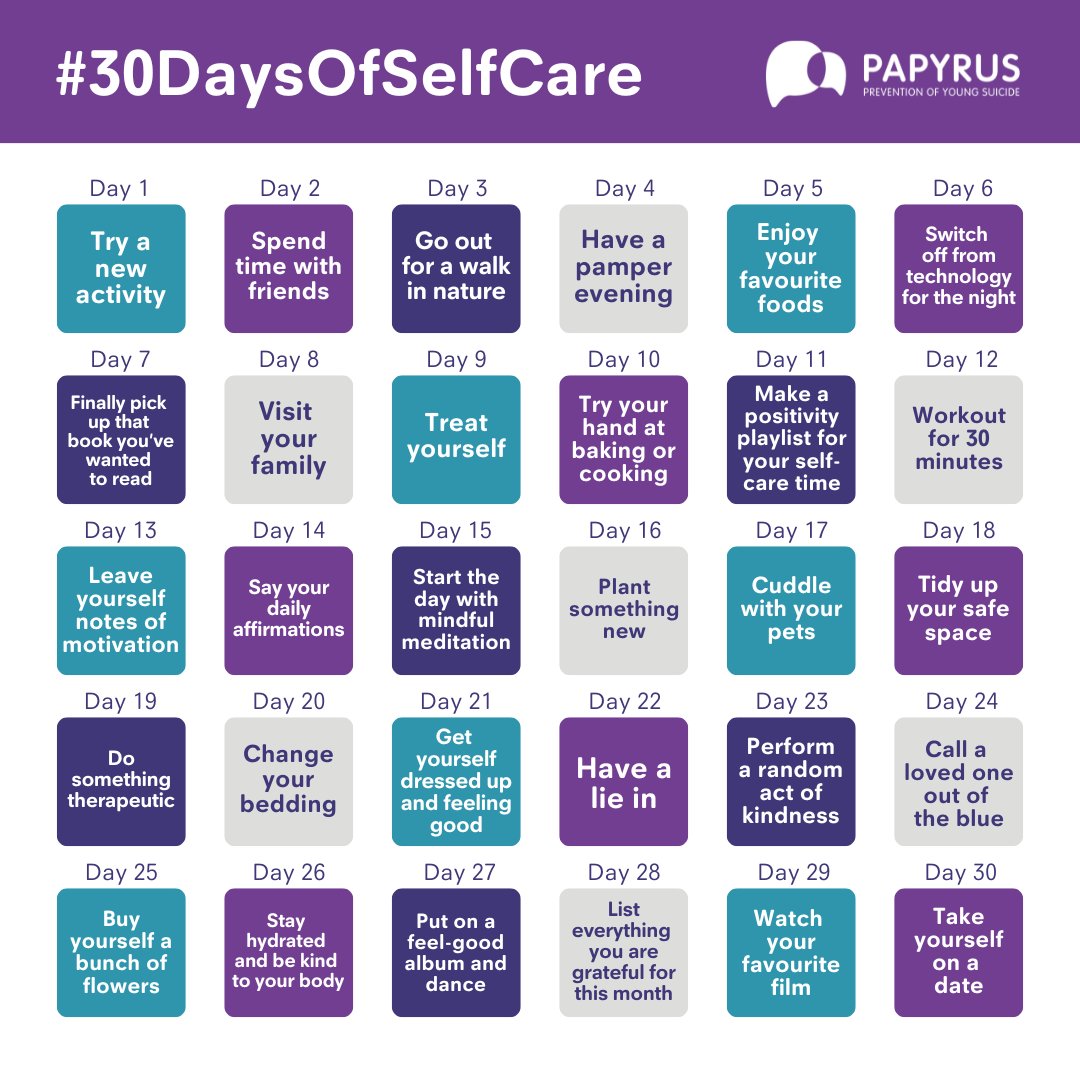 April is #StressAwarenessMonth: for the next 30 days, we'll be sharing a self care tip from our #30DaysOfSelfCare calendar on our Facebook and Instagram stories. 💜 View our Instagram story: @papyrus_uk #Stress #SelfCare #SuicidePrevention