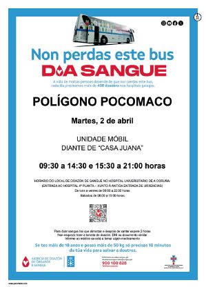 Martes 2 de abril, por la mañana o por la tarde, delante de Casa Juana.
 Ñ¡No pierdas el bus de donar sangre!
La vida de muchas personas depende de conseguir a diario más de 400 donaciones. 
#Pocomaco #donarsangre 
#hospitales #galicia 
#SomosPioneros