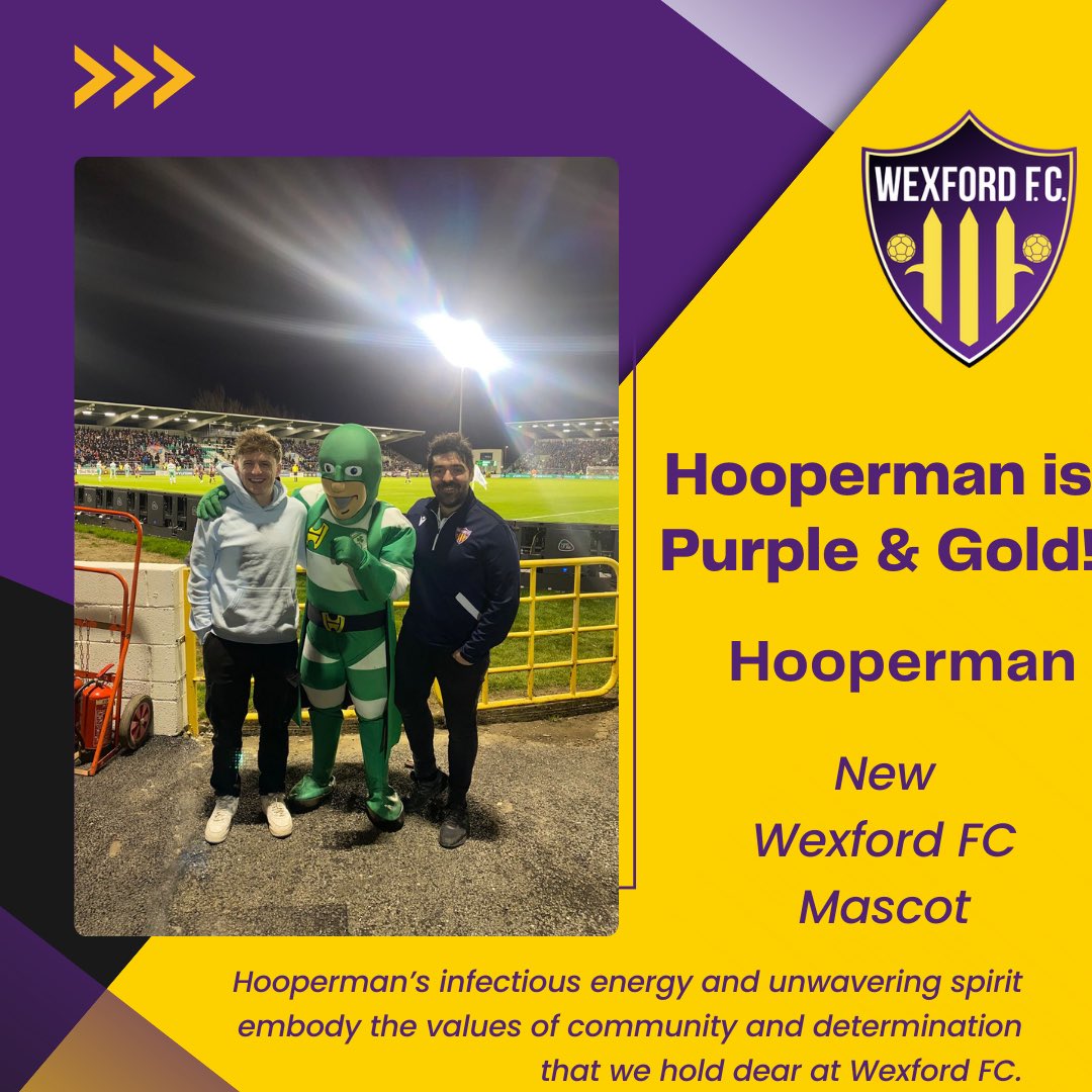 🟣🟡🦸🏼‍♂️ HOOPERMAN IS PURPLE &amp; GOLD 

We are delighted to announce the “bold” new signing of <a href="/hoopermansrfc/">Hooperman ☘☘⭐️⭐️</a>, the <a href="/ShamrockRovers/">Shamrock Rovers FC</a> Mascot! 

Read More ➡️ wexfordfc.ie/wexford-fc-ann…

🟣🟡🤝🟢⚪️ 

Your County 
Your Club

#Wexford #Fans #Community