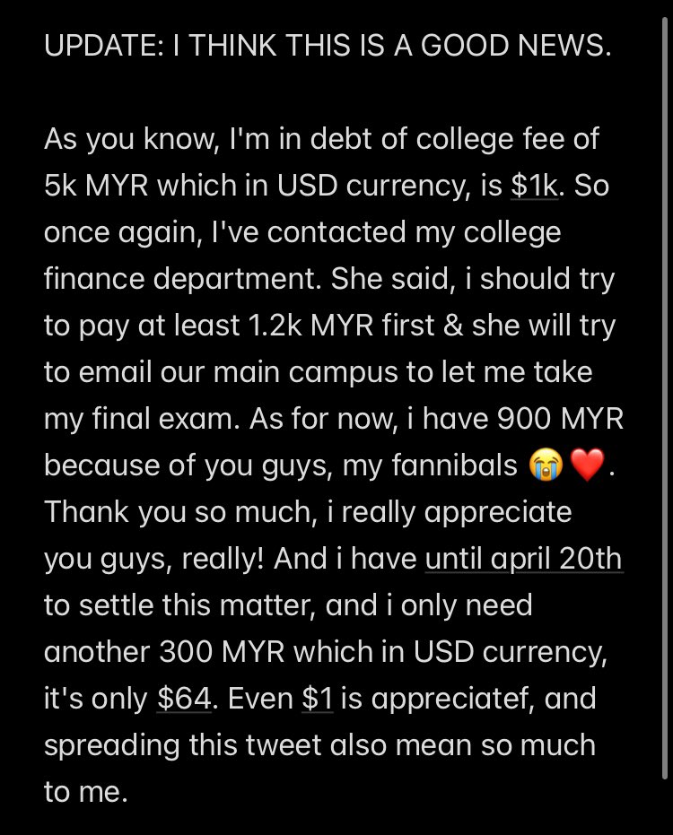 AN UPDATE: Another $64 (300 in malaysian currency) and i might get to take my final exam. Please, help me spread this. Thank you so much 🥺❤️