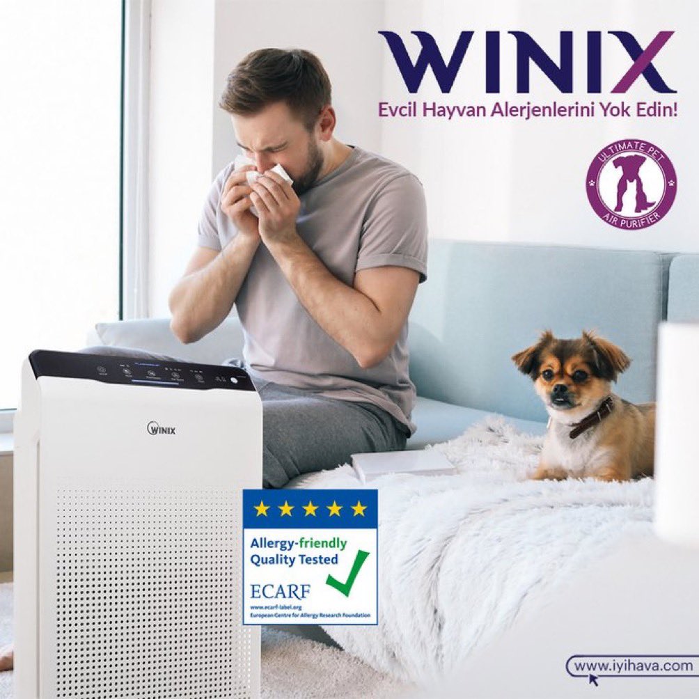 Evcil hayvan alerjiniz mi var? Havadaki tüy, deri döküntüleri vb. alerjen olabilecek partikülleri Winix hava temizleme cihazı filtreler. Güney Kore markası Winix, ECARF tarafından 'alerji dostu' sertifikasına sahiptir. iyihava.com