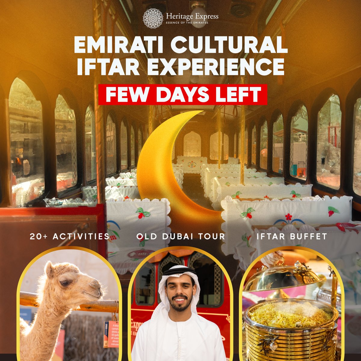 Only 5 days left for our Emirati Cultural Iftar Experience! 

We take you on a tour around Old Dubai, a visit to a local bedouin camp and present the most authentic Emirati buffet 🌙✨