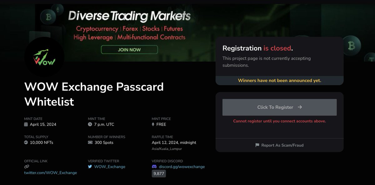 🌀WOW Exchange Passcard WL raffle is CLOSED! Thanks for the Register 💻 Website: wowexchange.org ⏳ PREMINT DATE ANNOUNCED on April 12 Tuesday! KEEP UP TO DATE! Follow @WOW_exchange with 🔔 to not miss out! #premint #raffle #passcard #wowexhange