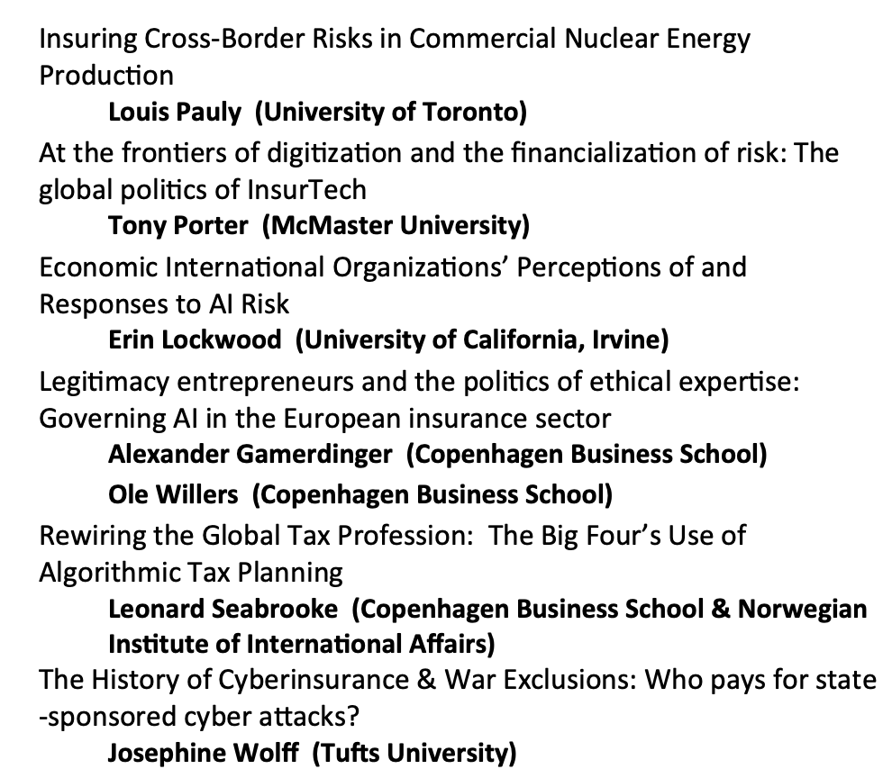 Hey #ISA2024-interested in how private & public interests insure against AI & cross-border risks & uncertainties? Then come check out this panel with @OleWillers @GamerdingerA @erinkaylockwood @josephinecwolff, @StausholmSaila, Lou Pauly, Ginny Haufler, Jing Qian, & Tony Porter.