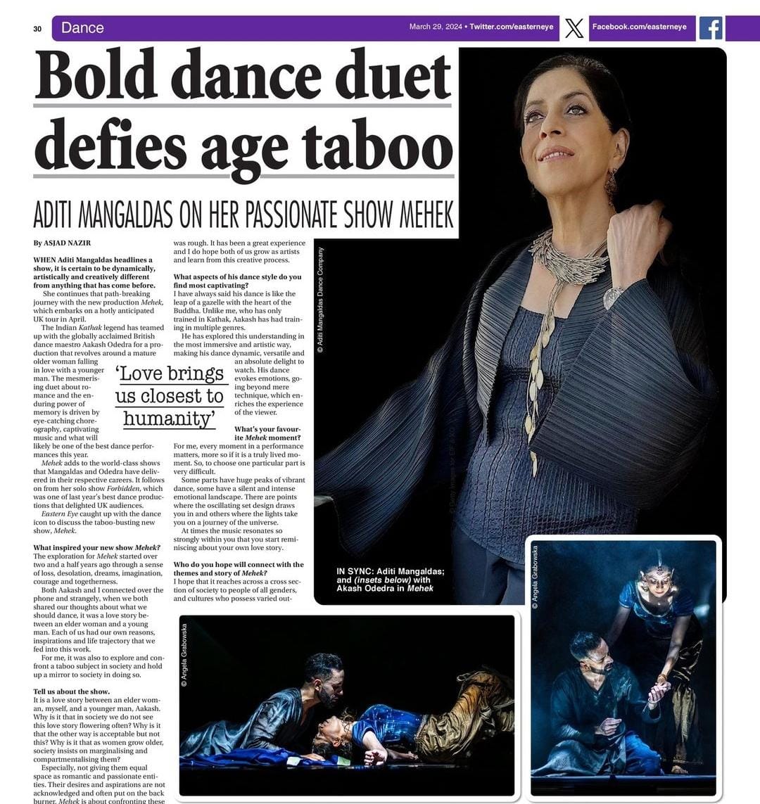 '@AditiMangaldas’ bold dance duet defies age taboo! MEHEK adds to the world-class shows that Mangaldas & Odedra have delivered in their respective careers' says @asjadnazir | @EasternEye UK Read easterneye.biz/aditi-mangalda… Thank you Asjad. Looking fwd to seeing U at the London show.