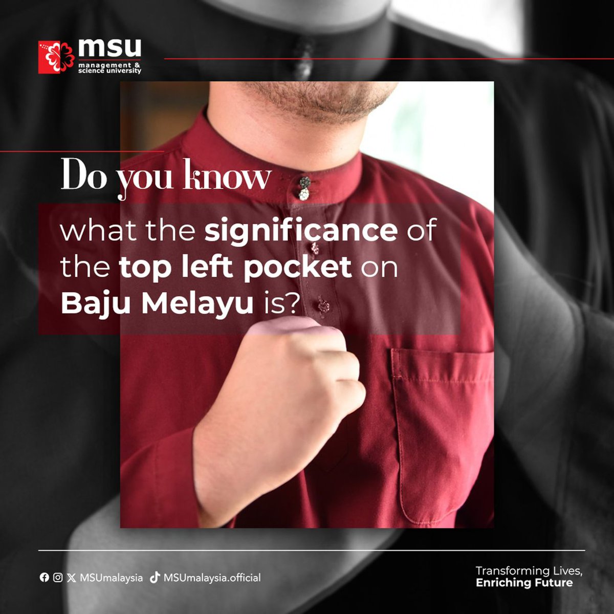 Baju Melayu has a significant meaning to its design, and our short film, Yang Hilang, has described it clearly. Do you know what it is? If yes, comment below. If you are unsure, click the link to watch now youtu.be/cquOrBzrZOA #MSUmalaysia  #MSURaya2024 #YangHilang