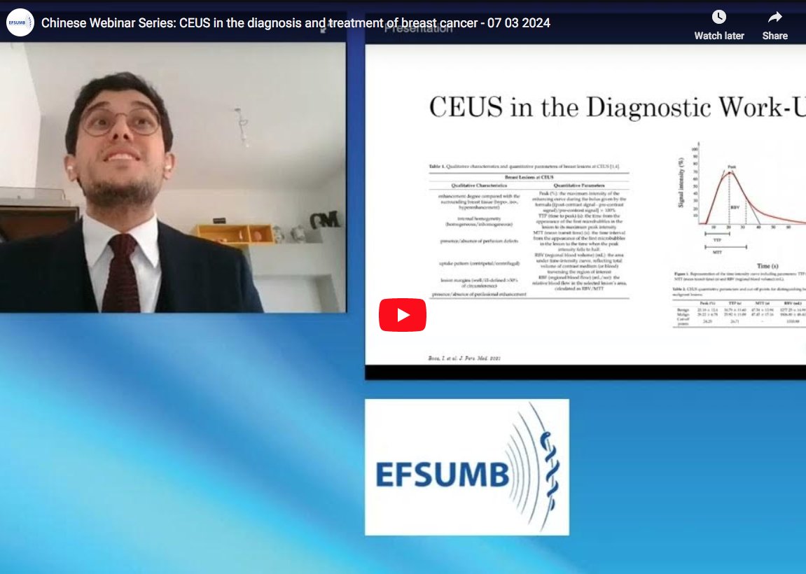 The Presentation from the Chinese Webinar Series: CEUS in the diagnosis and treatment of breast cancer is now available at efsumb.org/webinar-7-marc… Take a look!
