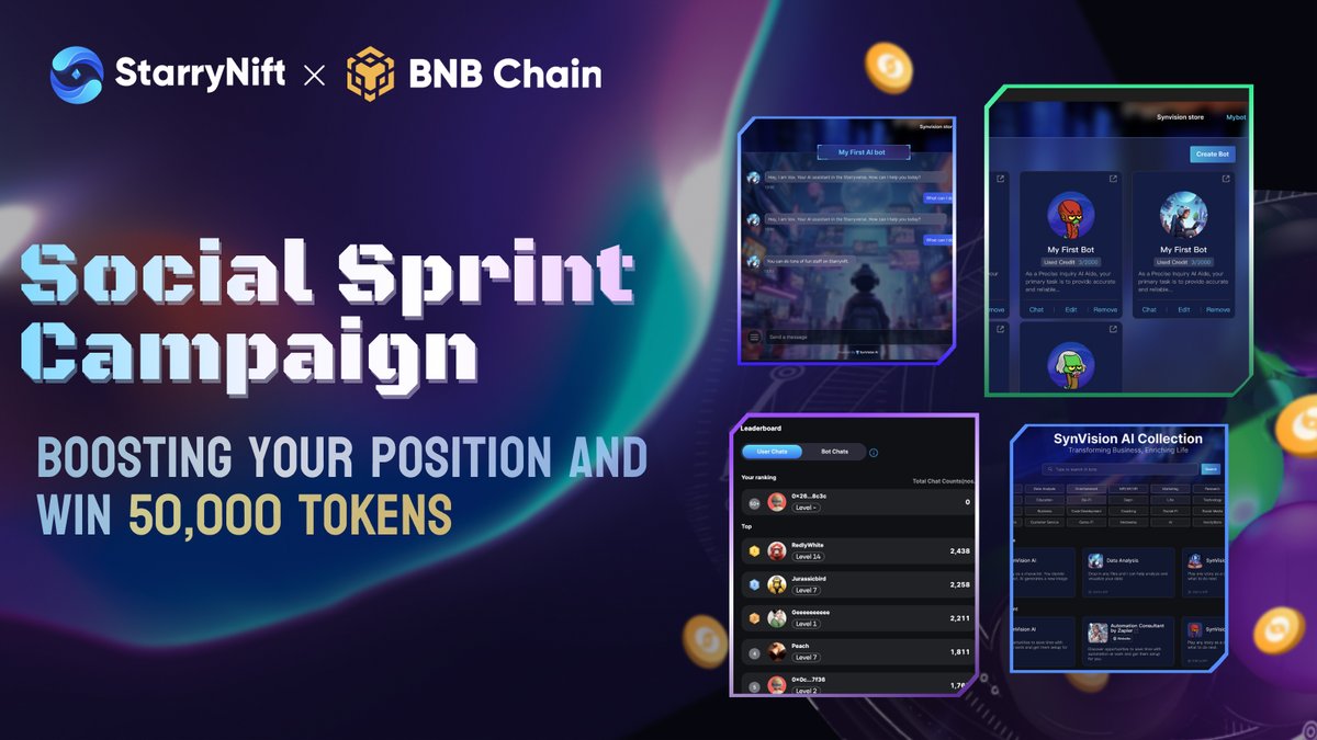 🎉StarryNift Lovers! #StarryNift x #BNBChain #Airdrop Alliance Program Shooting Star Episode II - Social Sprint Campaign is live now! ⏰2:30PM, April 1st - 11:59PM, April 16th UTC+8 🏆Dive into #StarryAI & Chat with your favorite #AI #chatbots and boost your ranking on…