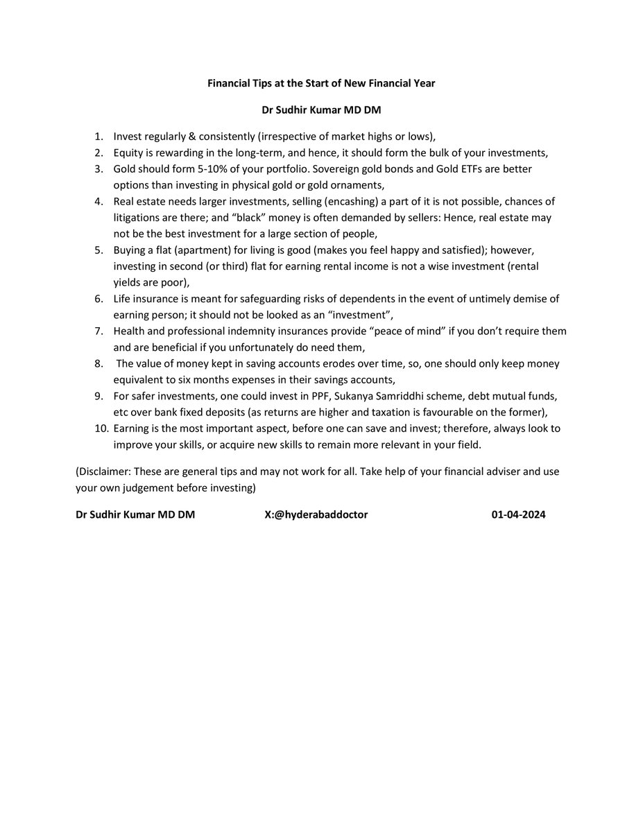 Financial Tips at the Start of New Financial Year Dr Sudhir Kumar MD DM