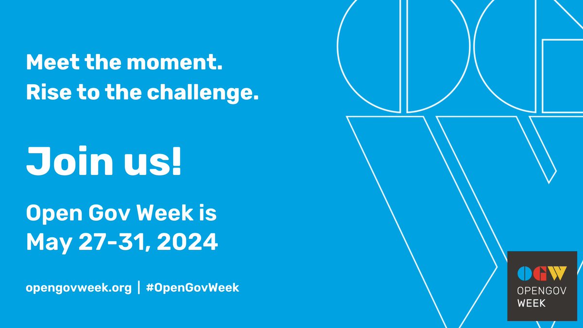 This year, #OpenGovWeek invites you to meet the moment and take on the #OpenGovChallenge. Join us alongside global government and civil society leaders from May 27-31 to tackle challenges across 10 open gov areas. 👉 Learn how you can get involved at opengovweek.org