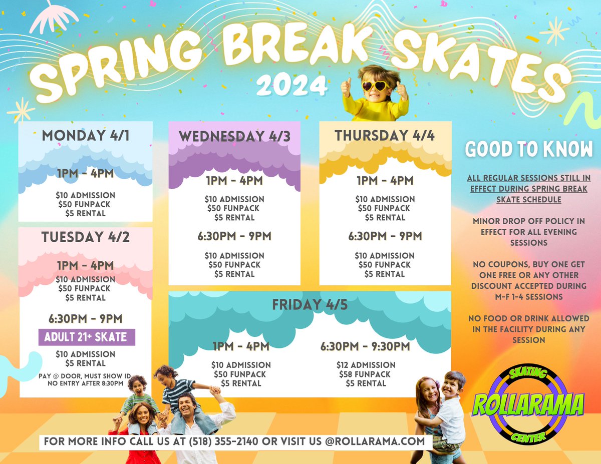 🌺Spring Break Skates start April 1st, no foolin! Make Rollarama your destination for family fun during Spring Break. Great 🎸music, great food 🍕and great fun is waiting for you! #rollarama #springbreak #familyfun