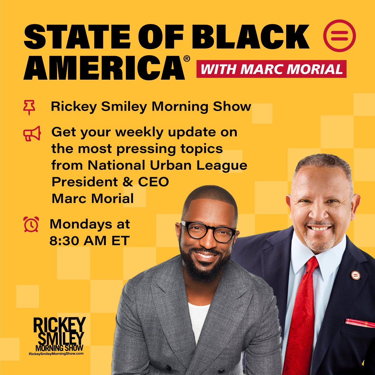 Kick the first Monday of the month off with @MarcMorial’s State of Black America segment on @TheRSMS at 8:30 AM ET. 🎧 Find your local station: rickeysmileymorningshow.com/affiliates.