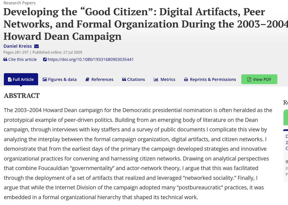 Dr. @kreissdaniel analyzes 🔎 the interplay between the formal campaign org, digital artifacts, & citizen networks to demonstrate how strategies & org practices for convening & harnessing citizen networks are developed during the earliest days of the primary campaign. #howarddean