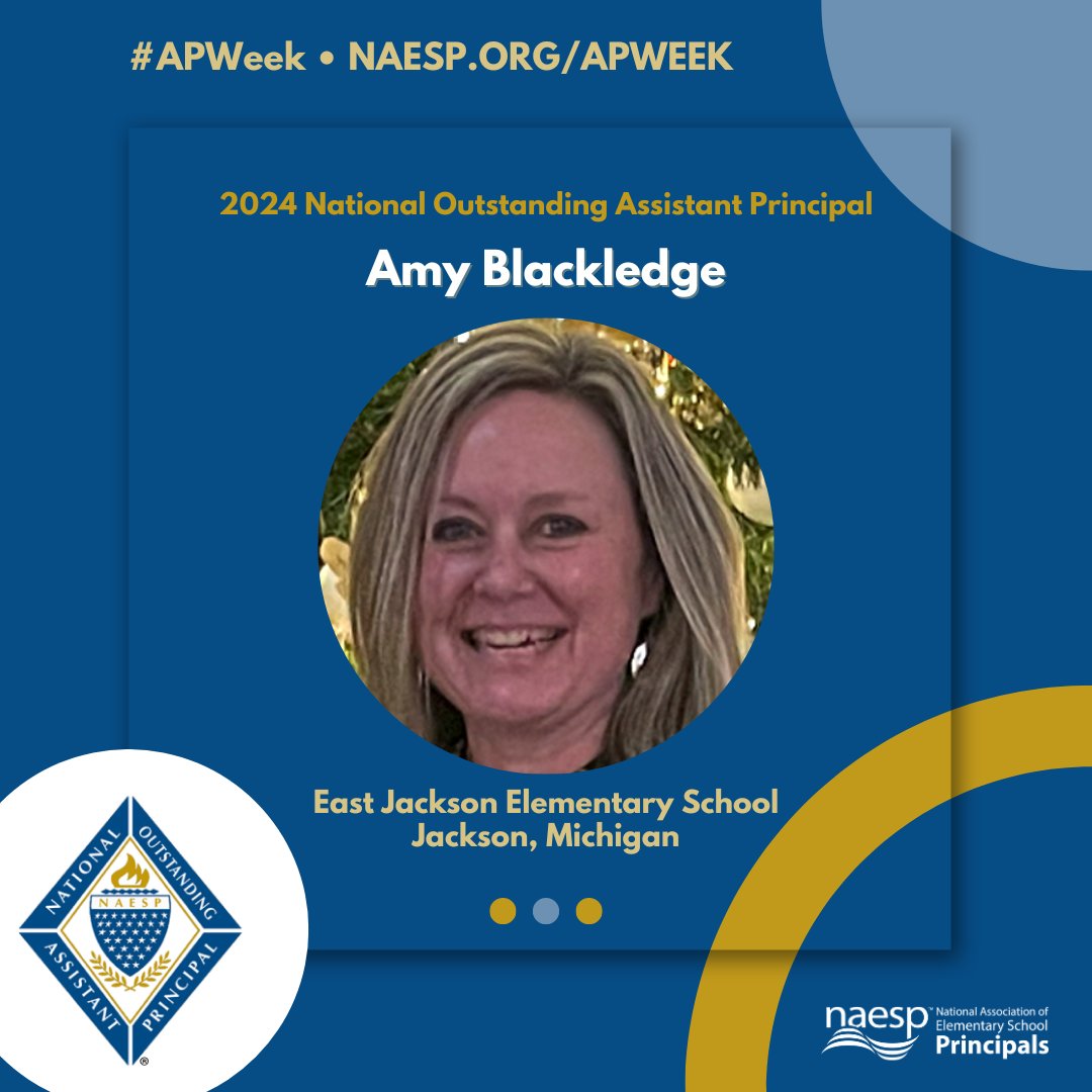 Congratulations to Amy Blackledge of East Jackson Elementary School in Michigan for being recognized as a 2024 National Outstanding Assistant Principal! Read her best practices as an AP at naesp.org/spotlight/amy-…. #APWeek #NOAP @NAESP