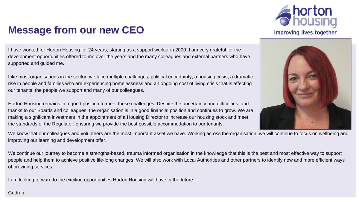 We are pleased to introduce Horton Housing’s new CEO Gudrun Haskins Carlisle. Read her message here. #CEO #ChiefExecutive #ChiefExecutiveOfficer #Housing #Support #NorthYorkshire #WestYorkshire #Bradford #Calderdale #Kirklees