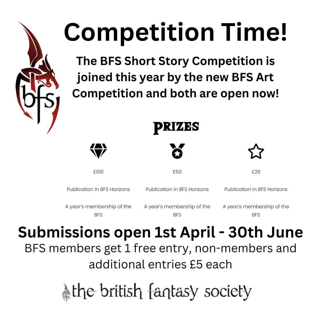 The BFS Short Story Competition is now open! And this year, it's joined by our new Art Competition! We couldn't be more excited to see the creativity and skill you all have! For full details and to enter follow the links: britishfantasysociety.org/short-story-co… britishfantasysociety.org/art-competitio…