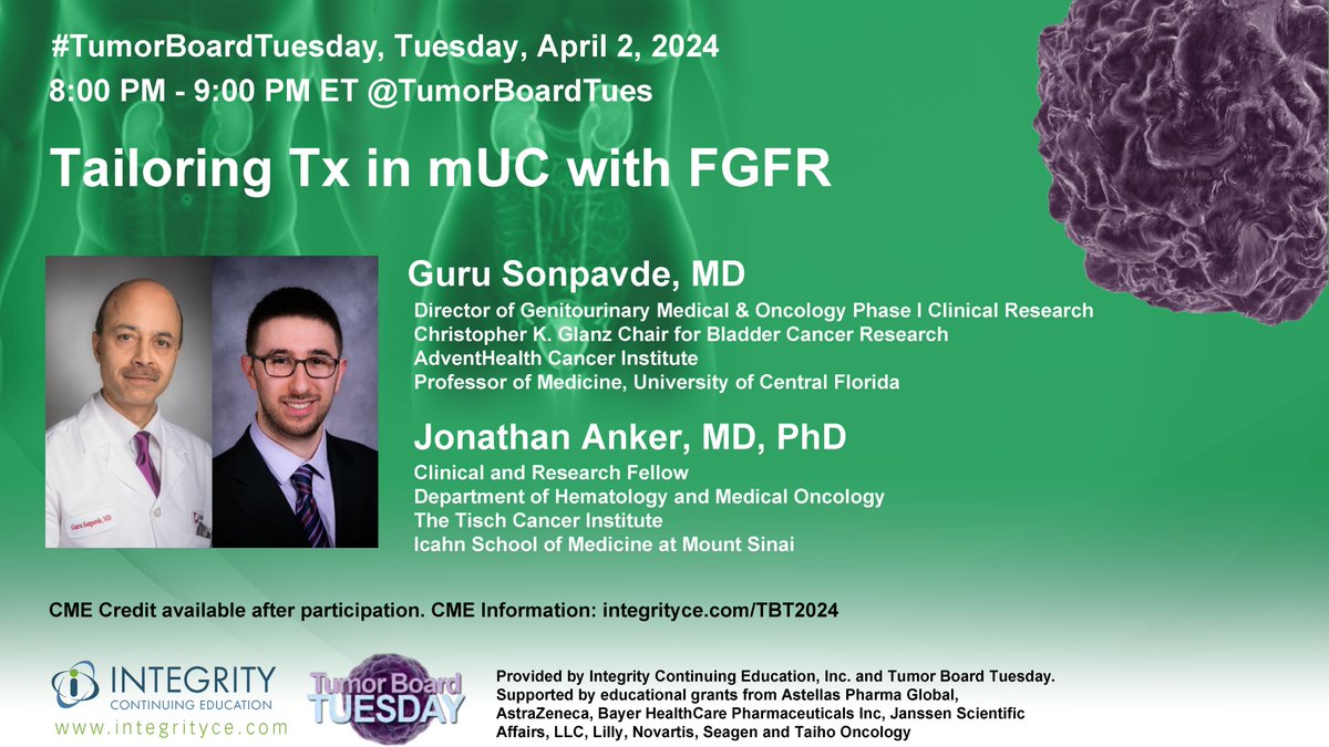 #TumorBoardTuesday 🏹We are taking aim at true targeted therapy this week🎯💊 📢Join us Tuesday, 04.02.2024 at 8PM ET as @sonpavde & @JonAnker1🗣️tailoring Tx in metastatic #urothelialcancer with FGFR🎯💊 RT and bring others into the discussion‼️