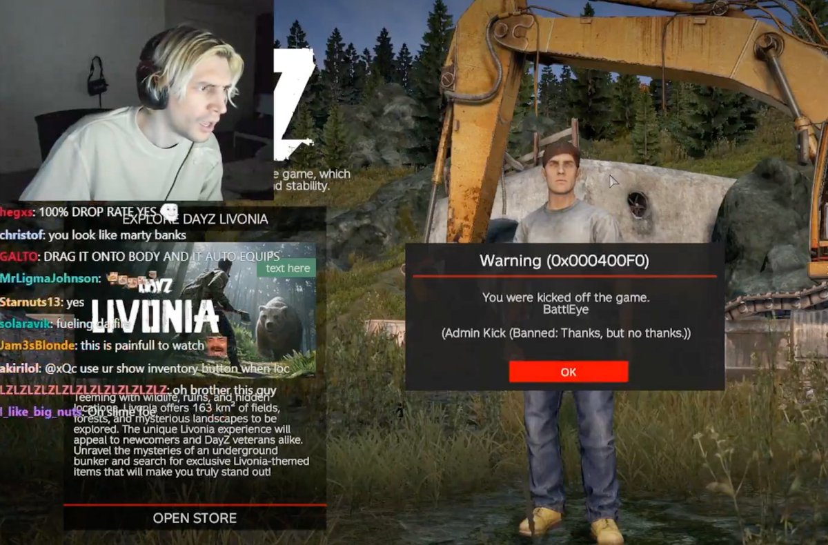 xQc was banned from a DayZ server with the simple message 'Thanks, but no thanks'