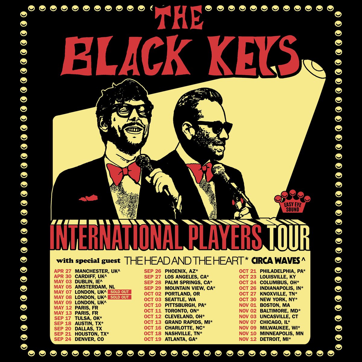 It's Official - INTERNATIONAL PLAYERS TOUR is coming. North America dates begin September 17th with special guests @headandtheheart for select cities. Tickets on sale Friday, April 5th at 10am local time. theblackkeys.com/pages/tour