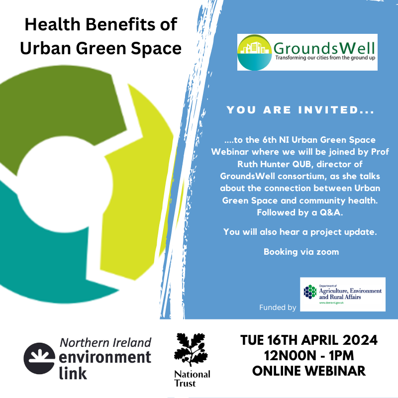 We’re excited about the next webinar in our partnership series with @EnvironmentNI. Sign up if you’d like to hear about all things #community, #health, and #greenspace from local leading academic Professor Ruth Hunter from Queen's University Belfast 👏🌿 bit.ly/3TWFxOU