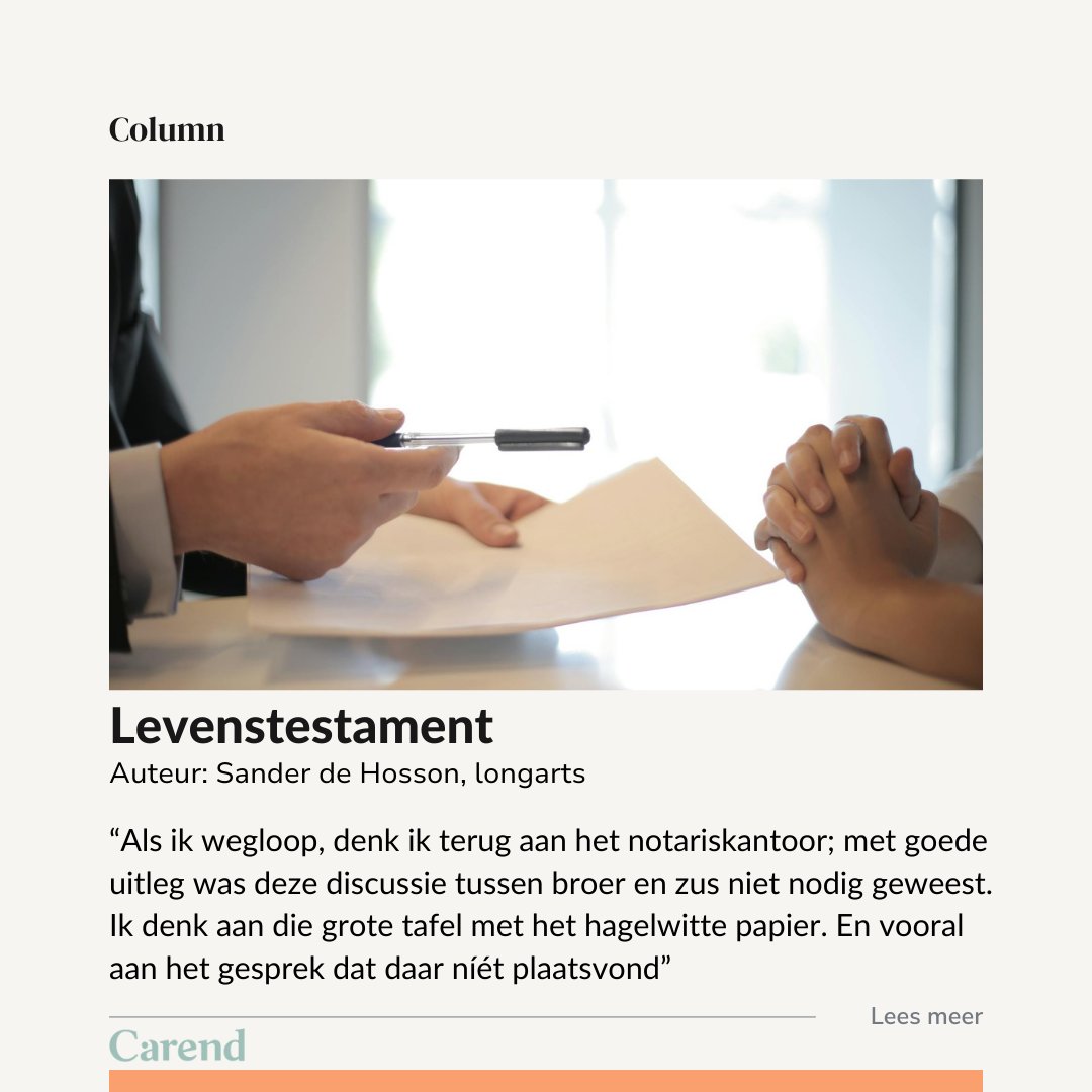 Waarom medische afspraken uitsluitend bij de (huis)arts thuishoren en níet bij de notaris.

Lees column 'Levenstestament' van longarts Sander de Hosson.

carend.nl/column/levenst…