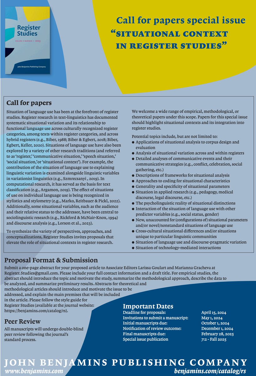 Only two weeks left to submit your proposal!

🌟🌟Call for Papers for our Special Issue on Situational Context in Register Studies 🌟🌟
Read the full call for papers: tinyurl.com/situationalcon…