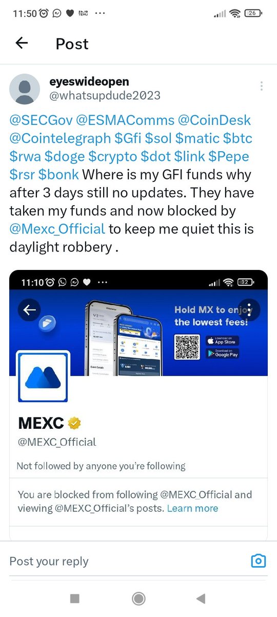 whatsupdude2023's tweet image. $Gfi $sol $matic $btc $rwa $doge $crypto $dot $link $Pepe $rsr $bonk $crypto Where is my GFI funds why after 3 days still no updates. They have taken my funds and now blocked by  @Mexc_Official to keep me quiet this is daylight robbery .