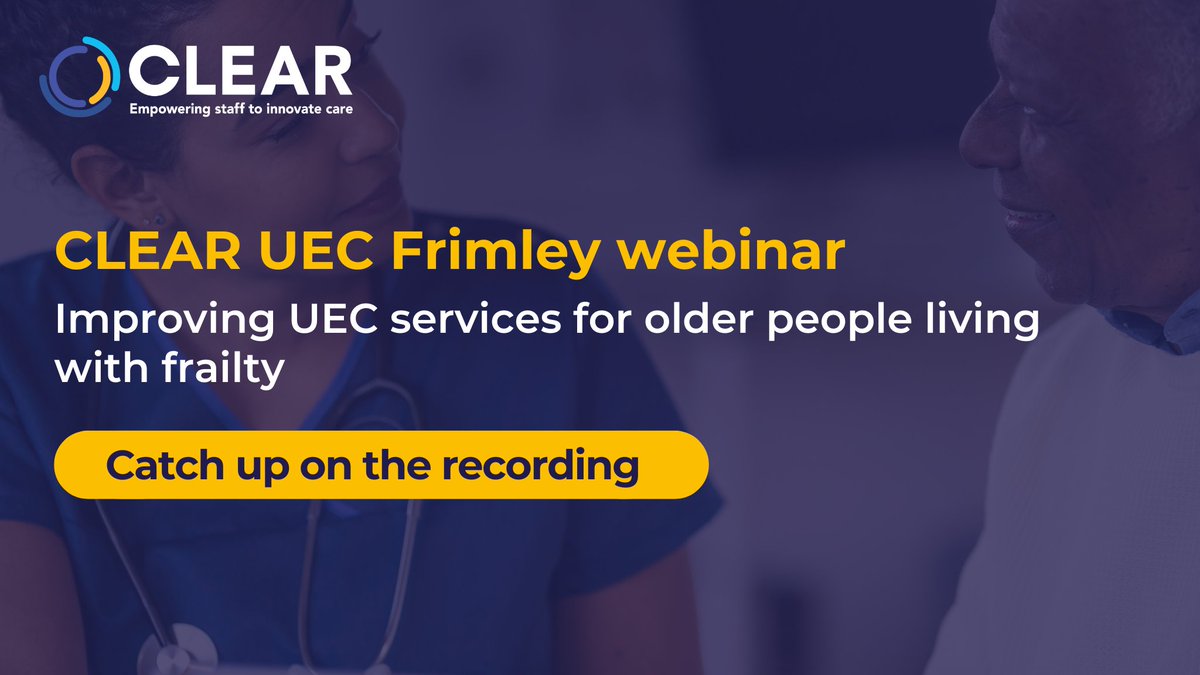 CLEAR - Empowering staff to innovate care (@clear4care) on Twitter photo Catch up on our latest webinar when Louise Duvall and Kate Hyett from <a href="/FrimleyHealth/">Frimley Health NHS Foundation Trust 💙</a> shared their findings of their CLEAR transformation project to futureproof #UEC #frailty services - improving care with £4.6m savings.
Watch the recording➡️ bit.ly/3T8LM1r
<a href="/FrimleyHC/">FrimleyHealth&CareICS</a> Catch up on our latest webinar when Louise Duvall and Kate Hyett from <a href="/FrimleyHealth/">Frimley Health NHS Foundation Trust 💙</a> shared their findings of their CLEAR transformation project to futureproof #UEC #frailty services - improving care with £4.6m savings.
Watch the recording➡️ bit.ly/3T8LM1r
<a href="/FrimleyHC/">FrimleyHealth&CareICS</a>