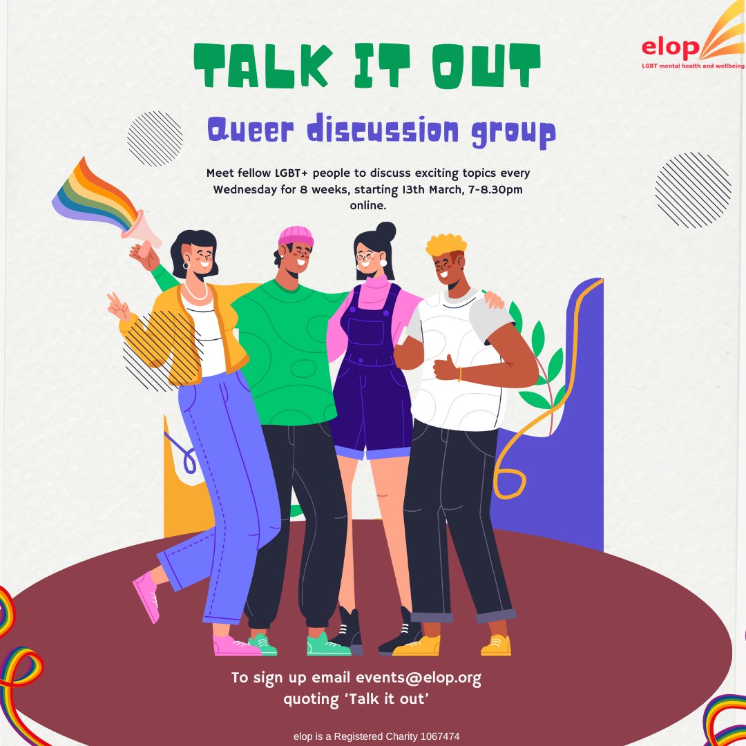 Join our discussion group on line taking place on Wednesday evenings 7 - 8.30pm for all LGBTQIA+ people. Email events@elop.org to get the link. Opportunity to connect with others and widen your social network. #Hackney #EastLondon @switchboardLGBT @lgbtfriend @NHS-ELFT