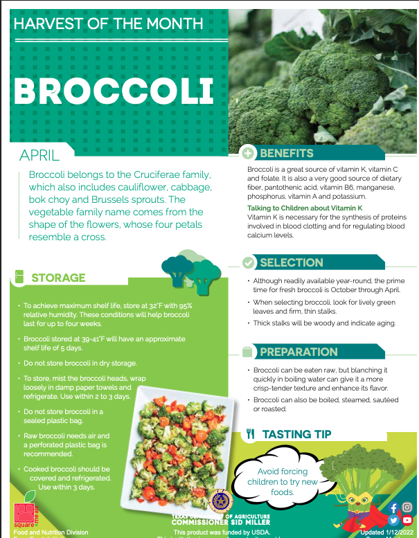 CafeSISD's tweet photo. Our "Harvest of the Month" for April is Broccoli. Students will be treated a fresh roasted broccoli slaw on April 19th. #ChildNutrition #ServeNourishEnrich #1TRIBE #SISD #HOTM https://t.co/lEPgYKPC55