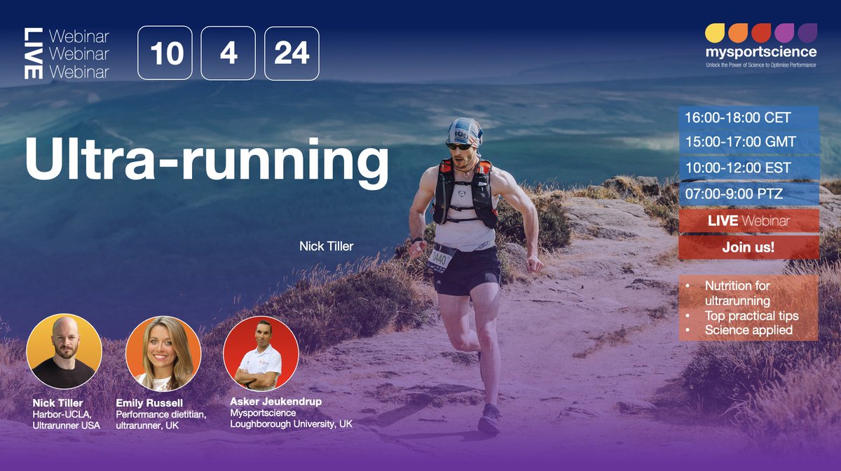 LIVE WEBINAR: Ultra-running. On Wednesday 10th April at 16:00 (CET), @NBTiller will critically assess the evidence behind ultra-running strategies and outline what the science meals for race day preparation. Secure your space now: bit.ly/MSSAWEB13