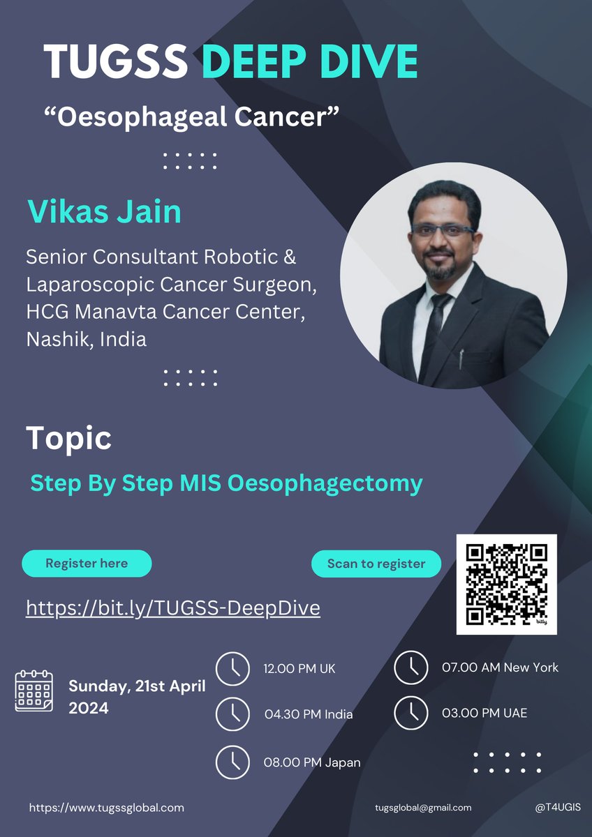 Join us on April 21st in a deep dive session on Oesophageal cancer. @vikasjain13 will take us through a step by step approach on minimally invasive Oesophagectomy. Register free here: bit.ly/TUGSS-DeepDive