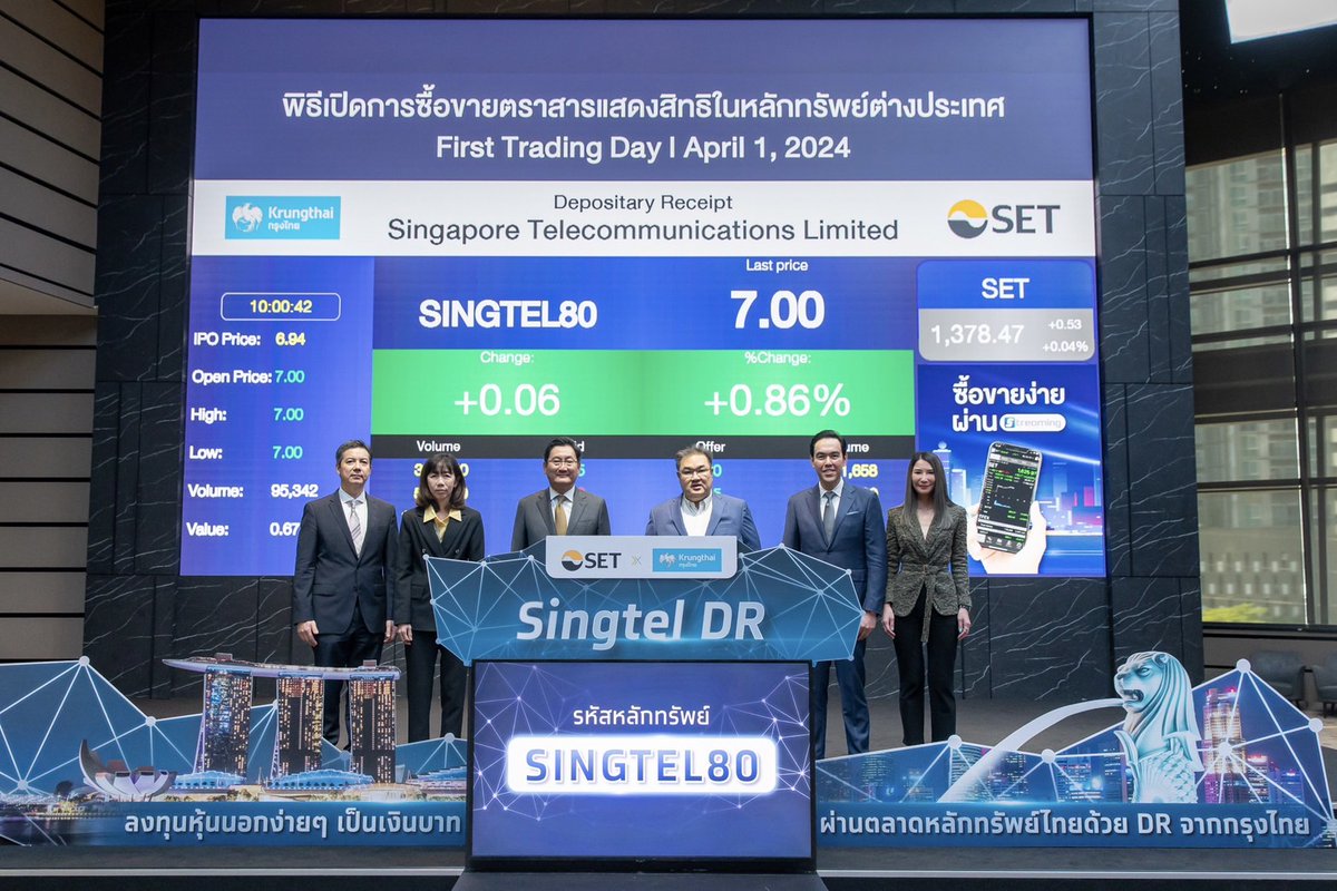 #SET welcomes #SINGTEL80, #DR on Singapore Telecommunications Limited - a leading telecom infrastructure provider in Singapore! 📈

#SETThailand #DepositaryReceipts #SINGTEL80