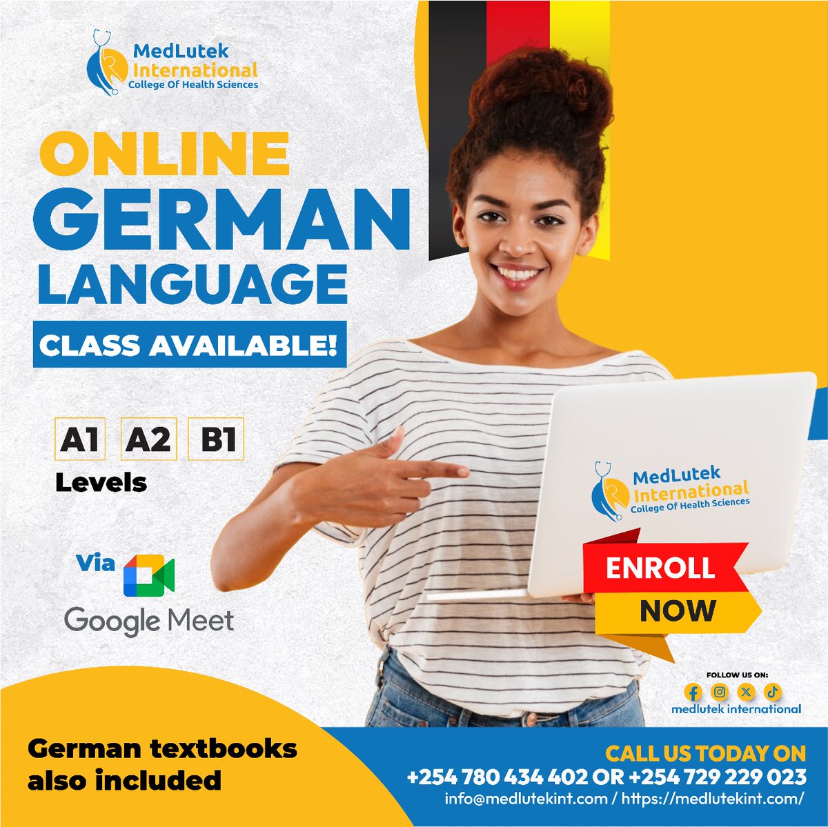 Begin your German language journey from the comfort of your home! Our online German Language classes are now open for April intake, and yes, textbooks are included! Enroll today! Call us on: 0780 434 402 #LearnGerman #OnlineClasses #AprilIntake #medlutekcares